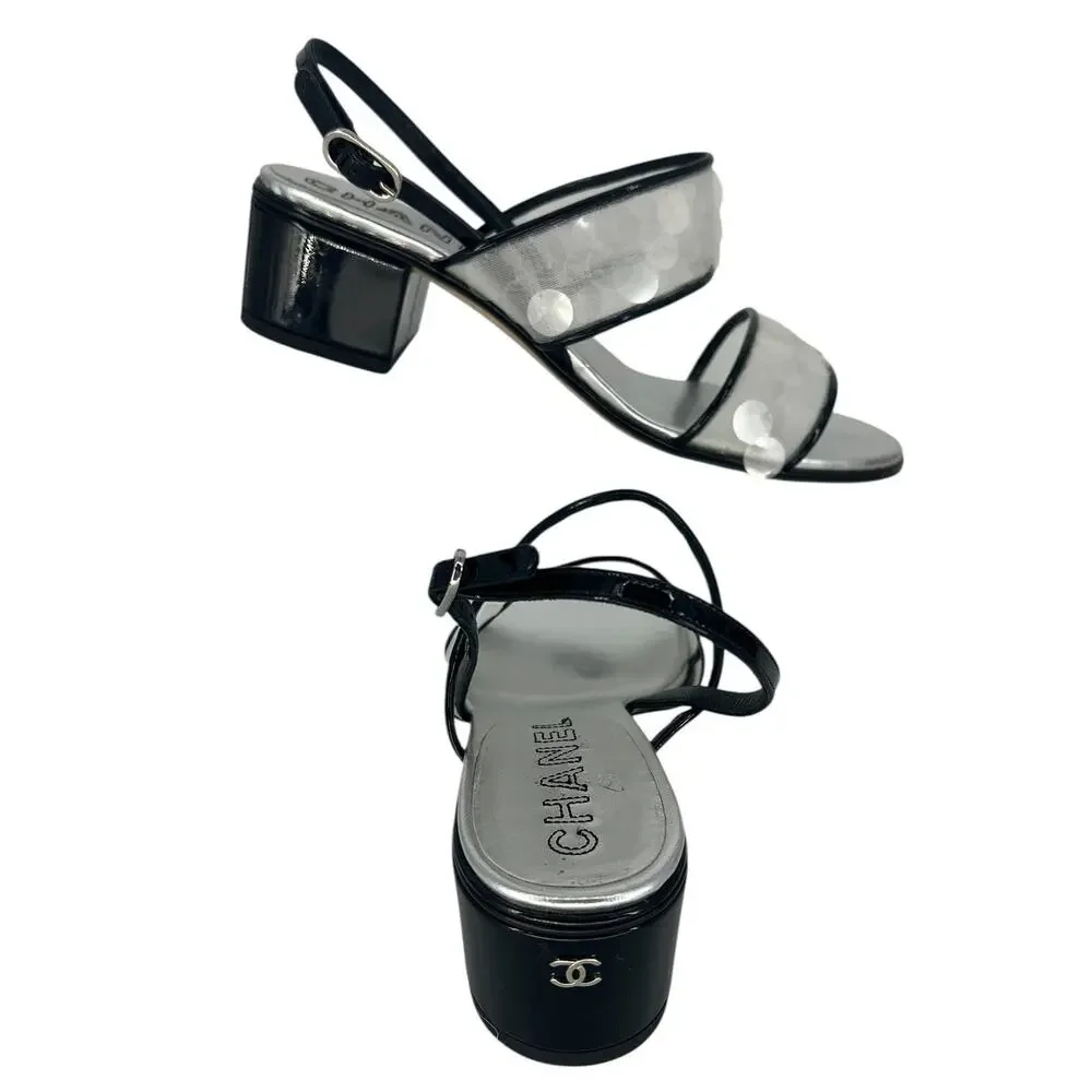 Chanel 2017 Sequin‎ Patent Leather Trim CC Heel Sandals 38C